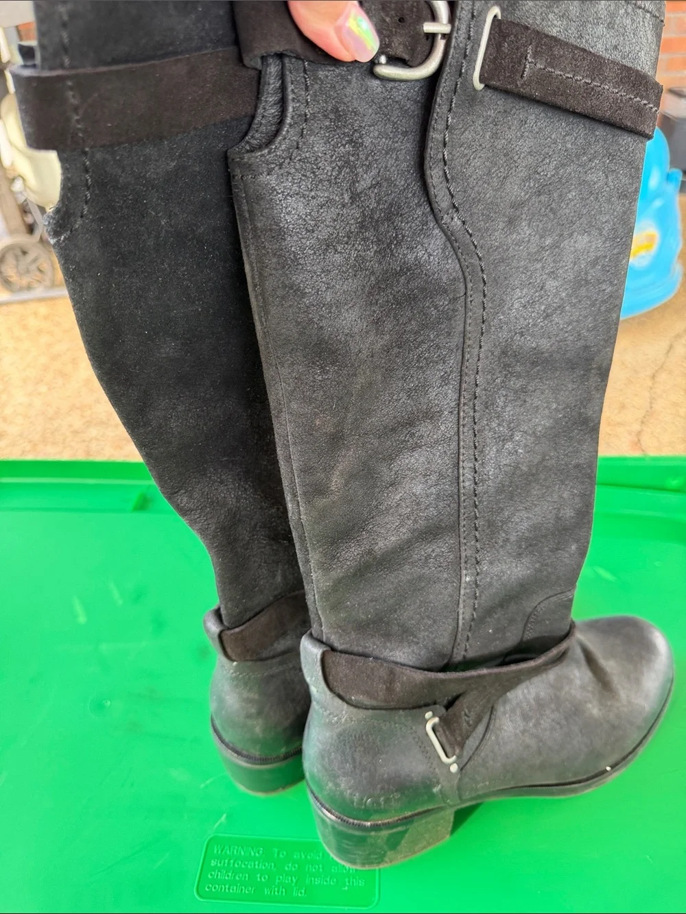 UGG Black Suede Knee-High Boots with Buckle Accent